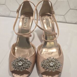Badgley Mischka Pink Satin Abigail Crystal Embellished Wedge Sandals Size 10